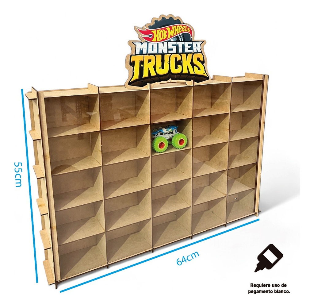 Exhibidor Carritos 25 Monster Truck O Monster Jam - Con Tapa Marrón Claro