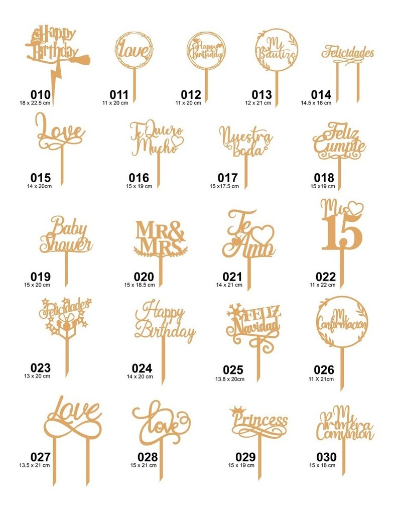 20 Letreros Pastel Cake Topper Variedad Fiesta - Mdf 3mm 