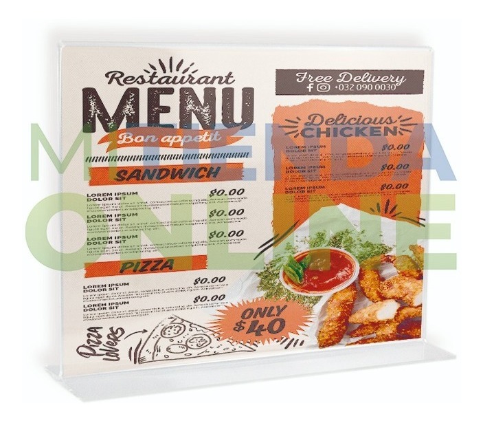Porta Menu Acrílico Restaurantes Carta Horizontal