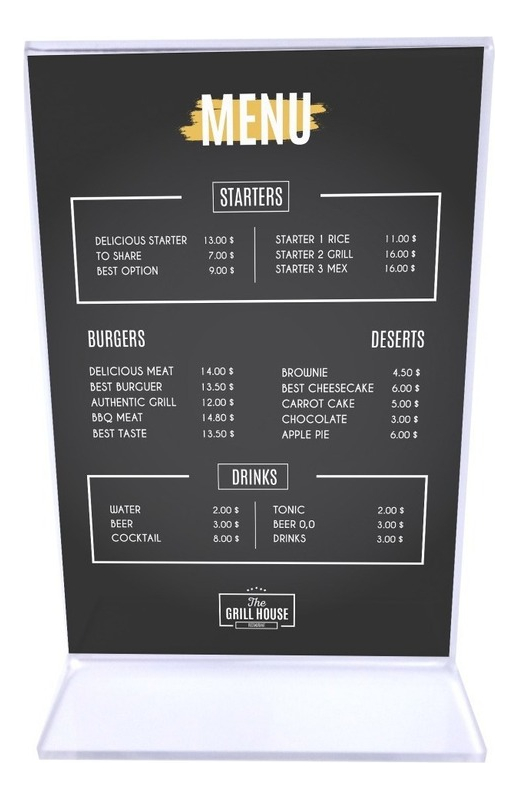 Porta Menú Acrílico Doble Vista Restaurant 14x10.5 Pack 16ud