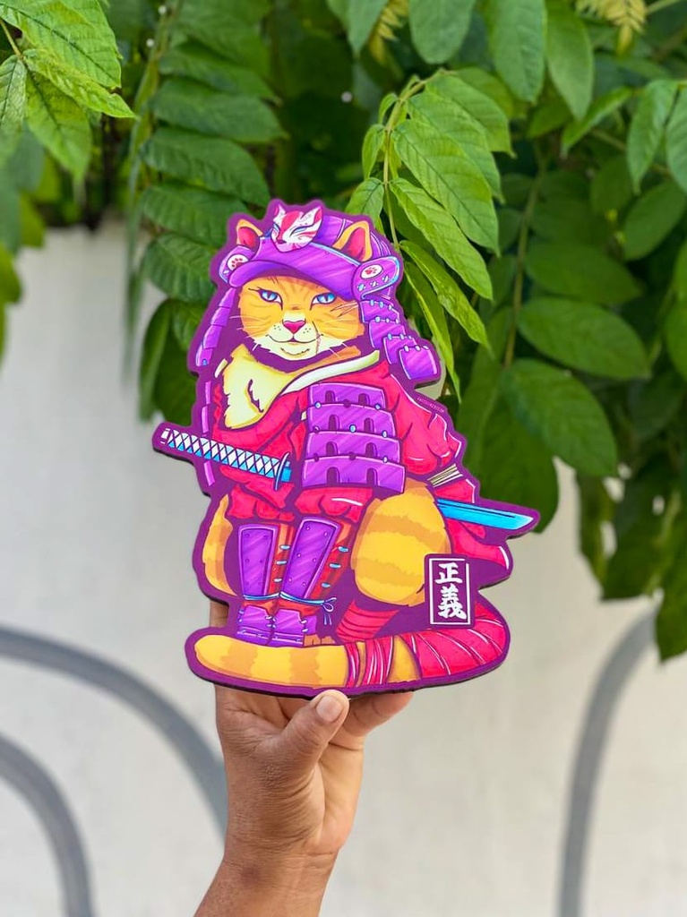 Cuadro Decorativo Gato Neko Samurái Ninja Japón Mdf6mm 30x20