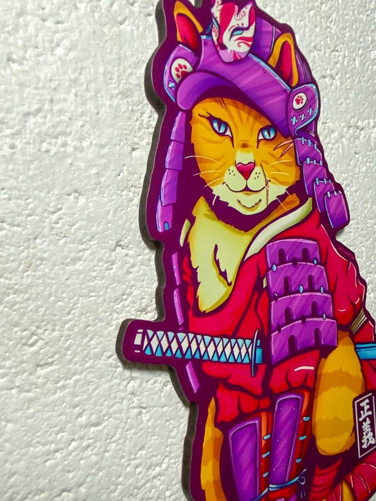 Cuadro Decorativo Gato Neko Samurái Ninja Japón Mdf6mm 30x20