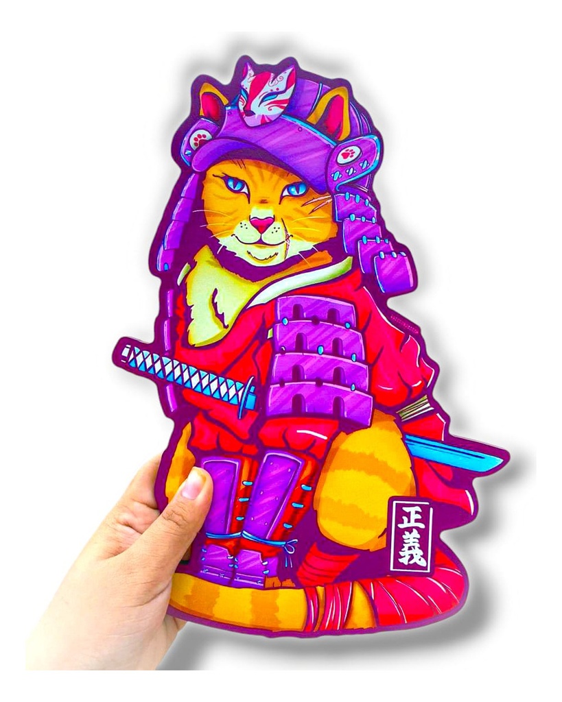Cuadro Decorativo Gato Neko Samurái Ninja Japón Mdf6mm 30x20