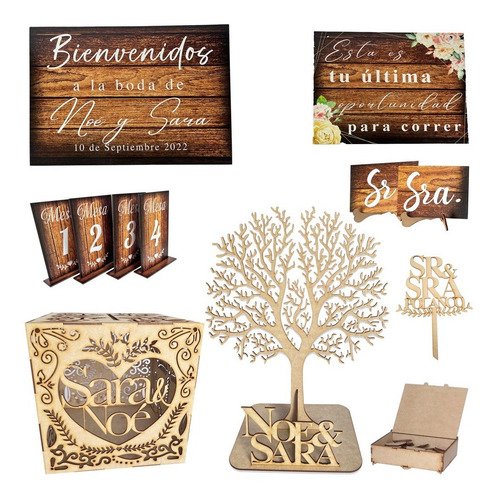 Kit Decoración Boda Arbol Cuadros Numero Mesa Caja Sobres