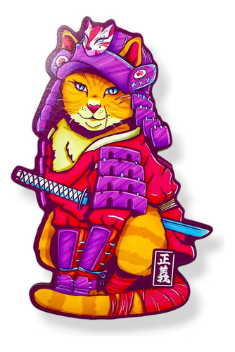 Cuadro Decorativo Gato Neko Samurái Ninja Japón Mdf6mm 30x20